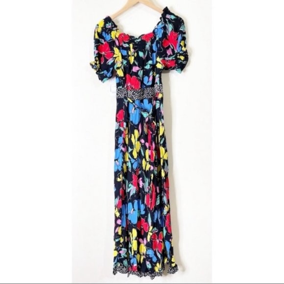 Rixo Target Floral Off Shoulder Puff Sleeve Dress Black Multicolor - Picture 9 of 10